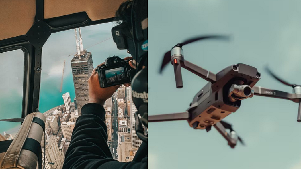 A two-panel image: on the left, a camera operator photographs a city skyline from a helicopter; on the right, a drone with a camera flies in the sky.